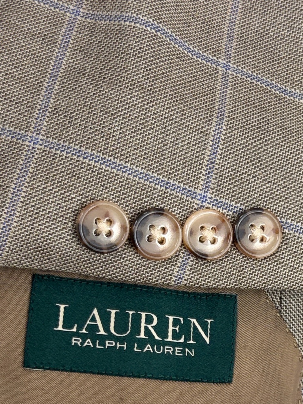 Lauren Ralph Lauren Sport Coat 44L Taupe Brown Blue Windowpane Silk Wool Blazer